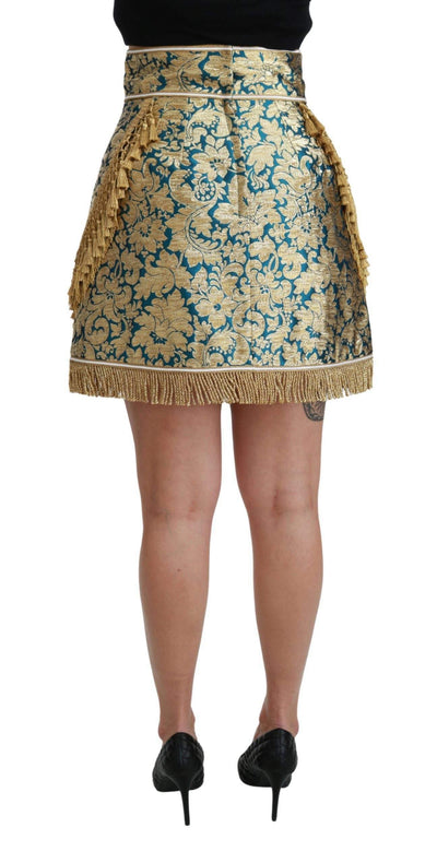 Dolce & Gabbana  Blue High Waist Jacquard Tassel Gold Skirt #women, Brand_Dolce & Gabbana, Catch, Dolce & Gabbana, feed-agegroup-adult, feed-color-gold, feed-gender-female, feed-size-IT38|XS, feed-size-IT42|M, Gender_Women, Gold, IT38|XS, IT42|M, Kogan, Skirts - Women - Clothing, Women - New Arrivals at SEYMAYKA