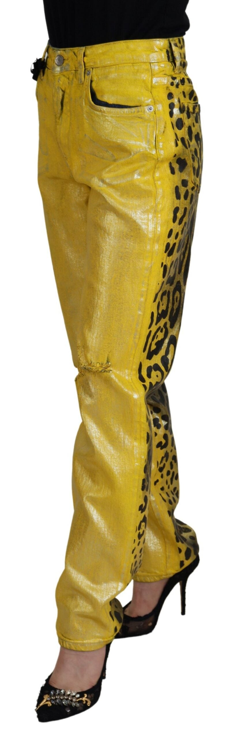 Yellow Leopard Cotton Straight Denim Jeans