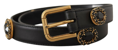 Dolce & Gabbana Black Leather Embellished Crystal Logo Belt