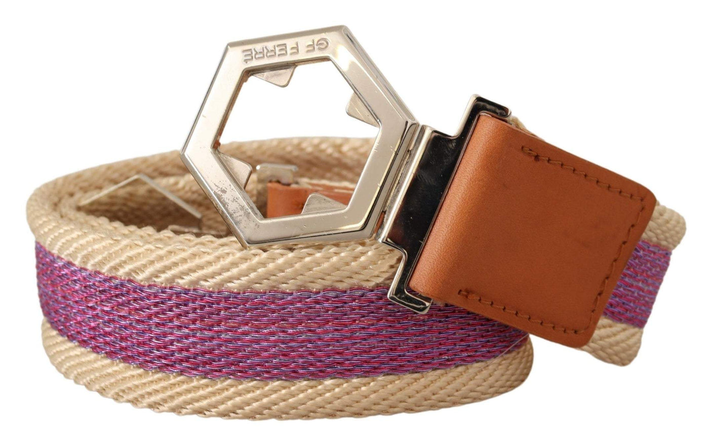 GF Ferre Multicolor Leather Silver Hexagon Logo Buckle Belt 85 cm / 34 Inches, Belts - Women - Accessories, feed-agegroup-adult, feed-color-Multicolor, feed-gender-female, GF Ferre, Multicolor at SEYMAYKA