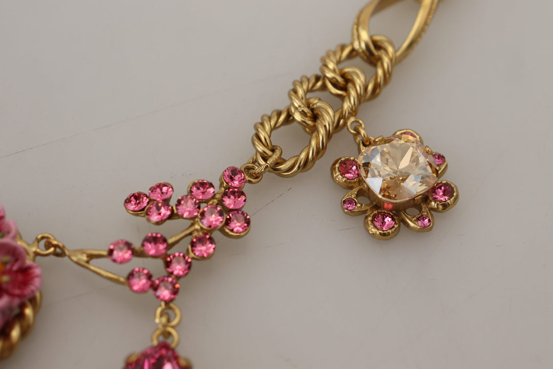 Gold Brass Chain Crystal Floral Roses Jewelry Necklace