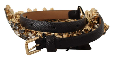 Dolce & Gabbana Black Daisy Crystal Dauphine Texture Belt 75 cm / 30 Inches, 85 cm / 34 Inches, Belts - Women - Accessories, Black, Dolce & Gabbana, feed-1 at SEYMAYKA