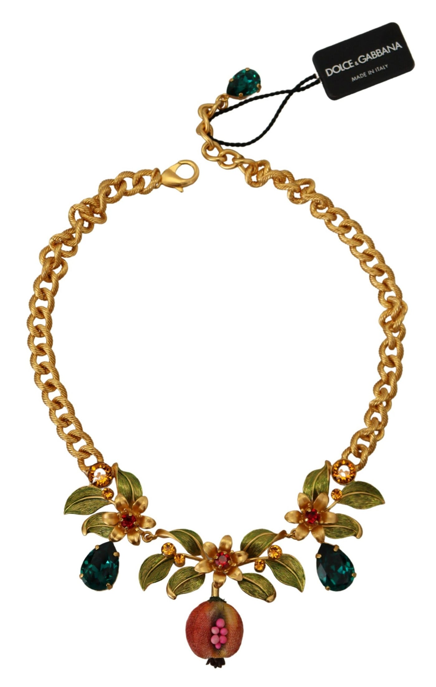 Gold Brass Crystal Logo Fruit Floral Statement Necklace