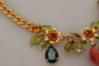Gold Brass Crystal Logo Fruit Floral Statement Necklace