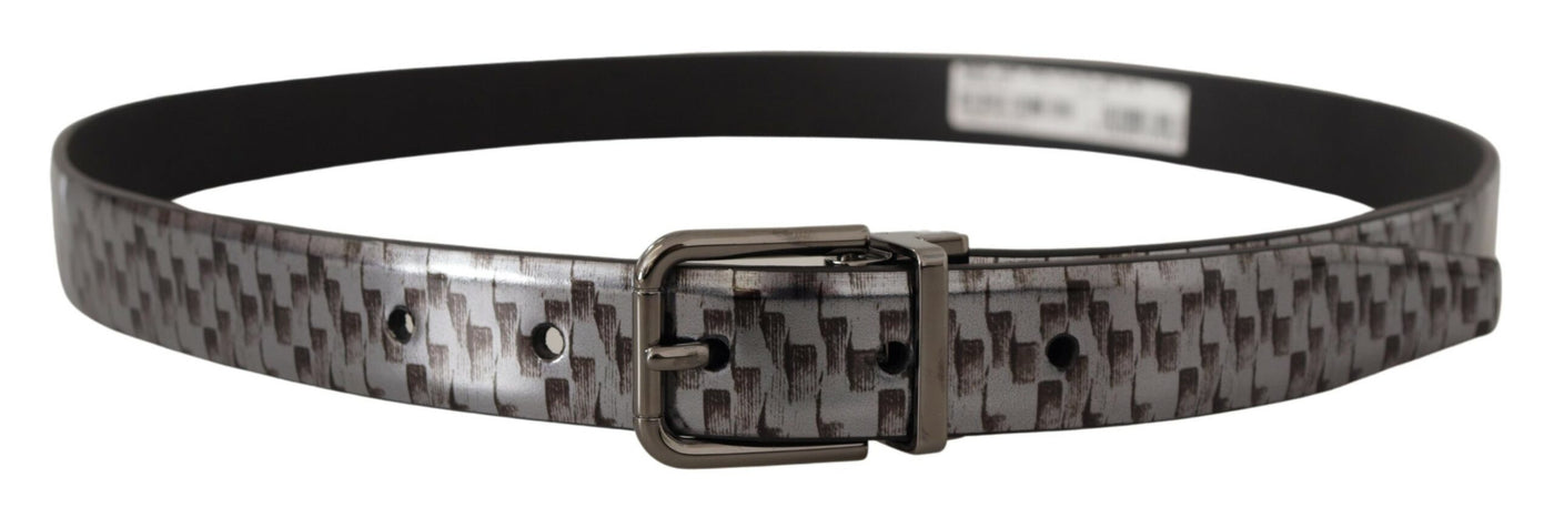Dolce & Gabbana Gray Herringbone Leather Gray 3D Metal Buckle Belt