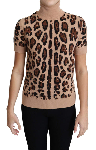 Dolce & Gabbana Beige Leopard Cashmere Print Turtleneck Top #women, Beige, Dolce & Gabbana, feed-agegroup-adult, feed-color-Beige, feed-gender-female, feed-size-IT42|M, IT42|M, Tops & T-Shirts - Women - Clothing, Women - New Arrivals at SEYMAYKA