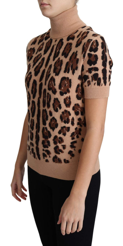 Dolce & Gabbana Beige Leopard Cashmere Print Turtleneck Top #women, Beige, Dolce & Gabbana, feed-agegroup-adult, feed-color-Beige, feed-gender-female, feed-size-IT42|M, IT42|M, Tops & T-Shirts - Women - Clothing, Women - New Arrivals at SEYMAYKA