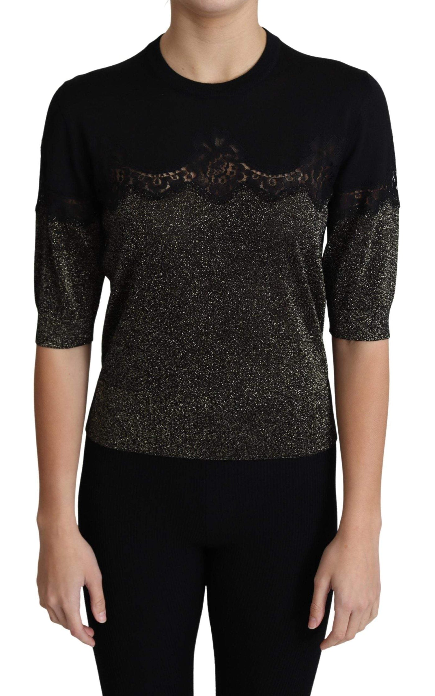 Dolce & Gabbana Black Shiny Lurex Lace Insert Pullover Top #women, Black, Dolce & Gabbana, feed-agegroup-adult, feed-color-Black, feed-gender-female, feed-size-IT36 | XS, feed-size-IT42|M, feed-size-IT44|L, feed-size-IT46|XL, IT36 | XS, IT42|M, IT44|L, IT46|XL, Tops & T-Shirts - Women - Clothing, Women - New Arrivals at SEYMAYKA