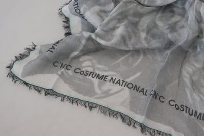 Costume National Gray Print Shawl Foulard Fringes Scarf