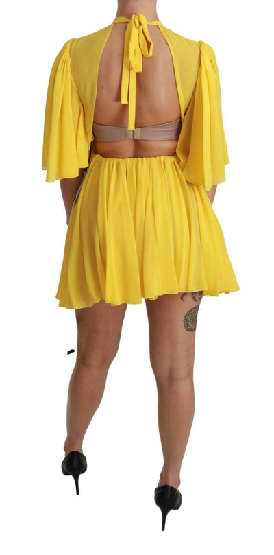 Dolce & Gabbana  Yellow Pleated A-line Mini 100% Silk Dress #women, Brand_Dolce & Gabbana, Catch, Clothing_Dress, Dolce & Gabbana, Dresses - Women - Clothing, feed-agegroup-adult, feed-color-yellow, feed-gender-female, feed-size-IT40|S, Gender_Women, IT40|S, Kogan, Women - New Arrivals, Yellow at SEYMAYKA