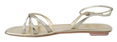 Prada Metallic Silver Leather Sandals Ankle Strap Flats Shoes