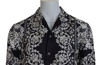 Dolce & Gabbana Blue Silk Floral Baroque Satin Casual Shirt