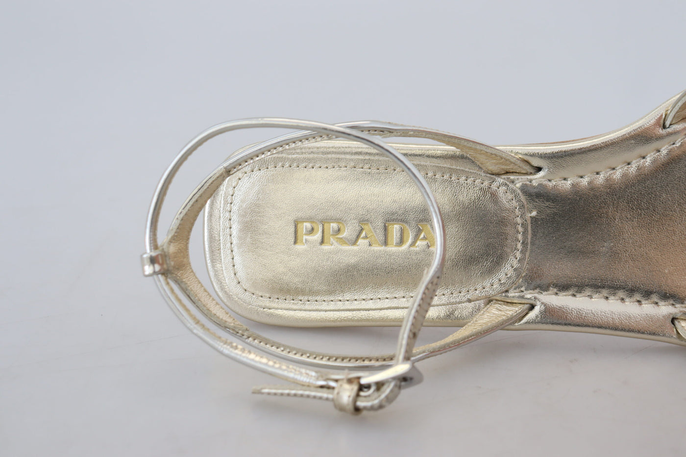 Prada Metallic Silver Leather Sandals Ankle Strap Flats Shoes