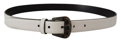 Dolce & Gabbana White Leather Crystal Metal Buckle Belt