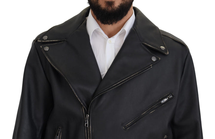 Dolce & Gabbana Black Leather Biker Coat Zipper Jacket