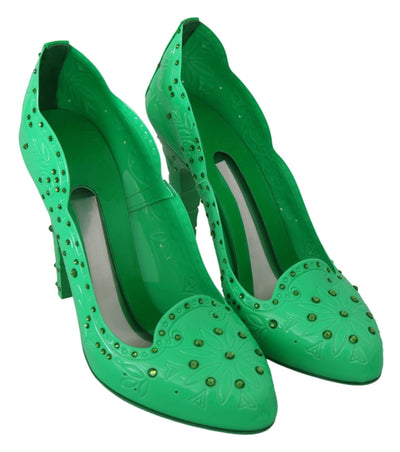 Dolce & Gabbana Green Crystal Floral CINDERELLA Heels Shoes #women, Brand_Dolce & Gabbana, Dolce & Gabbana, EU39/US8.5, feed-agegroup-adult, feed-color-green, feed-gender-female, feed-size-US8.5, Gender_Women, Green, Pumps - Women - Shoes, Shoes - New Arrivals at SEYMAYKA