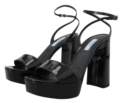 Black Patent Sandals Ankle Strap Heels Leather