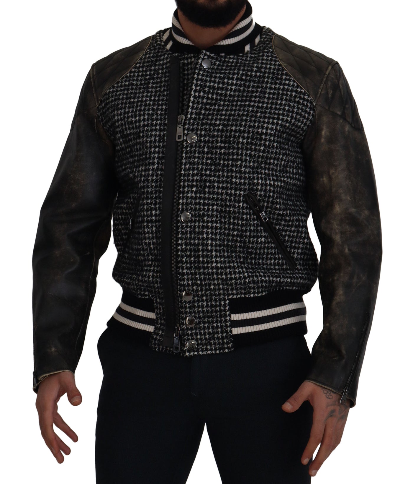 Dolce & Gabbana Black Houndstooth Polyester Bomber Jacket