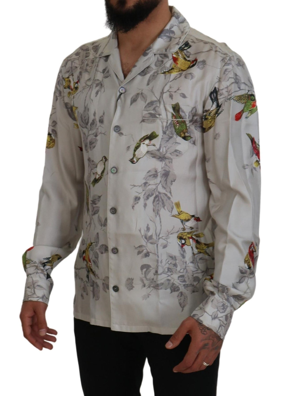 Dolce & Gabbana White Bird Print Silk Satin Casual Shirt