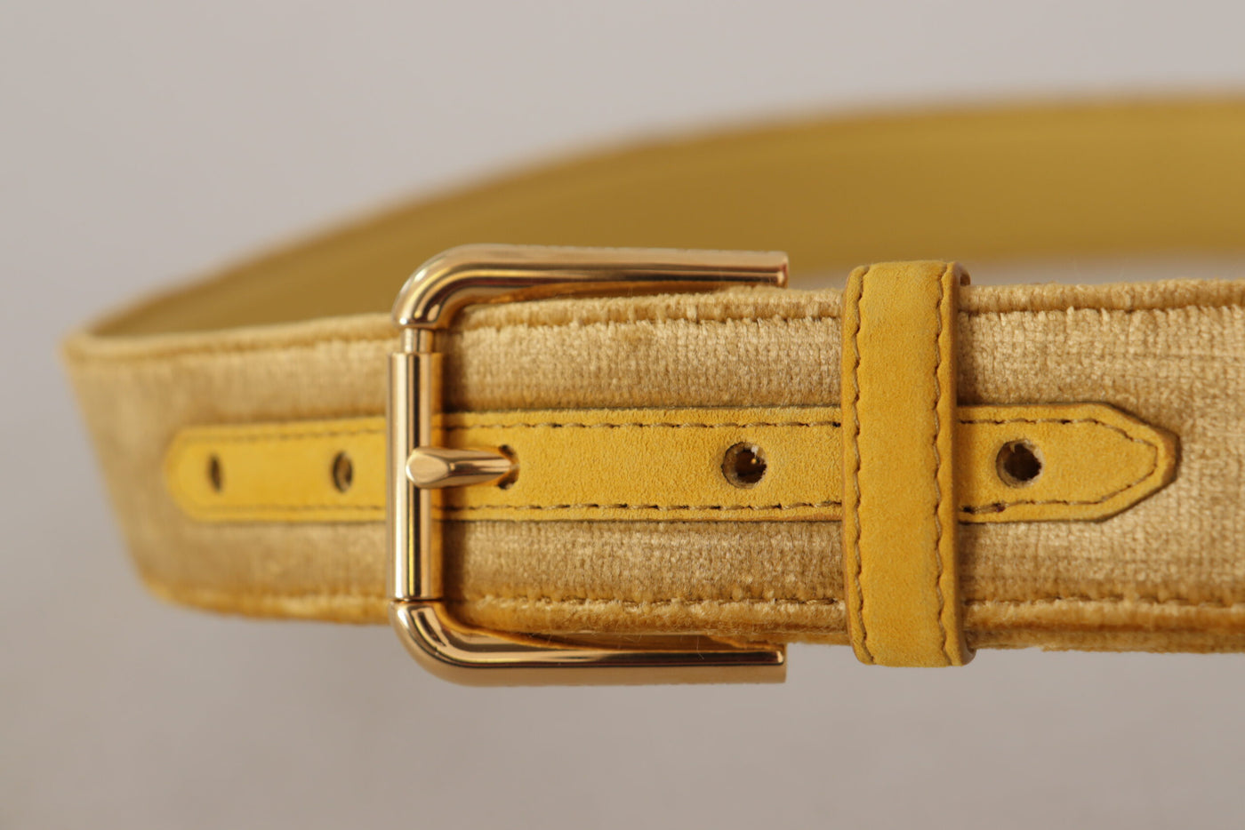 Dolce & Gabbana Yellow Velvet Gold Metal Logo Engraved Buckle Belt