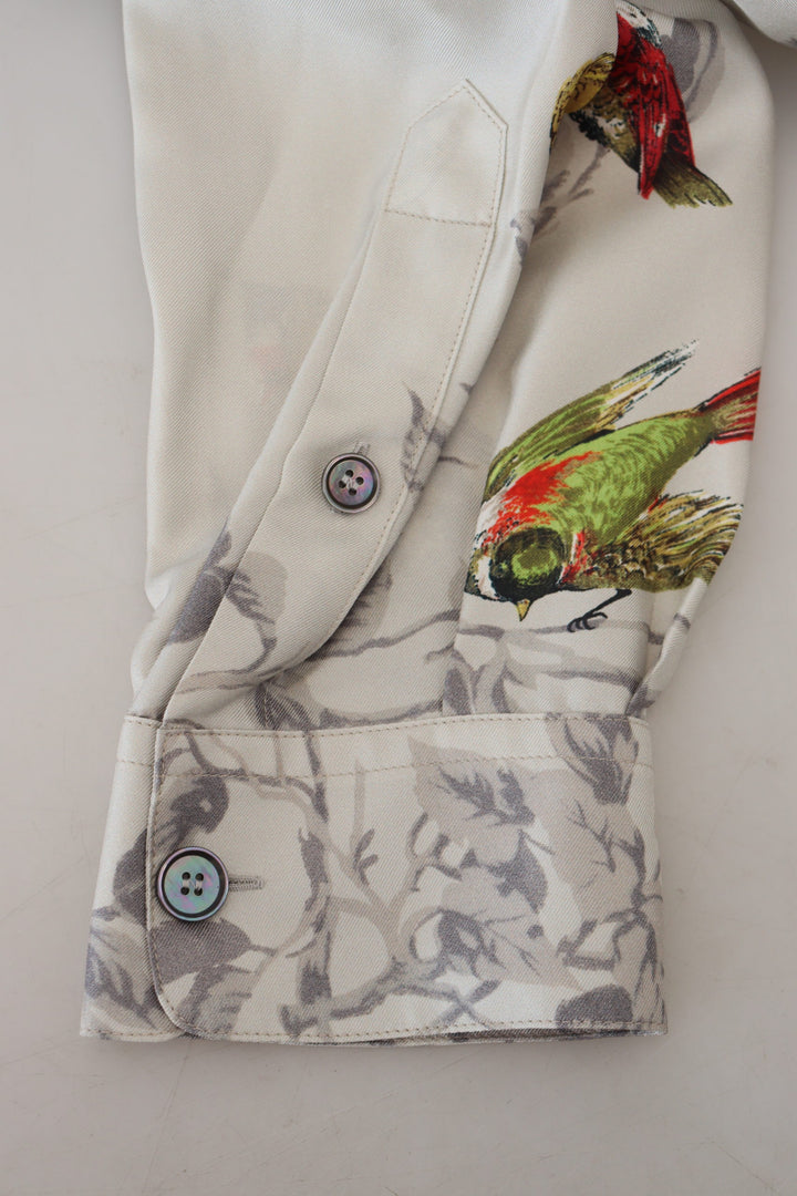 Dolce & Gabbana White Bird Print Silk Satin Casual Shirt