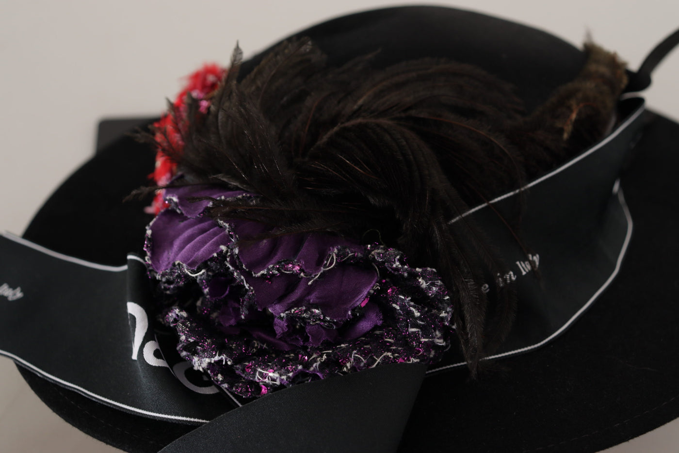 Dolce & Gabbana Black Lapil Crystal Heart Feather Brooch Fedora Hat