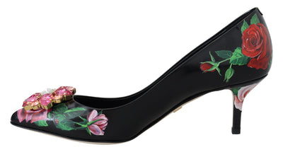 Dolce & Gabbana Black Floral Print Crystal Heels Pumps Shoes