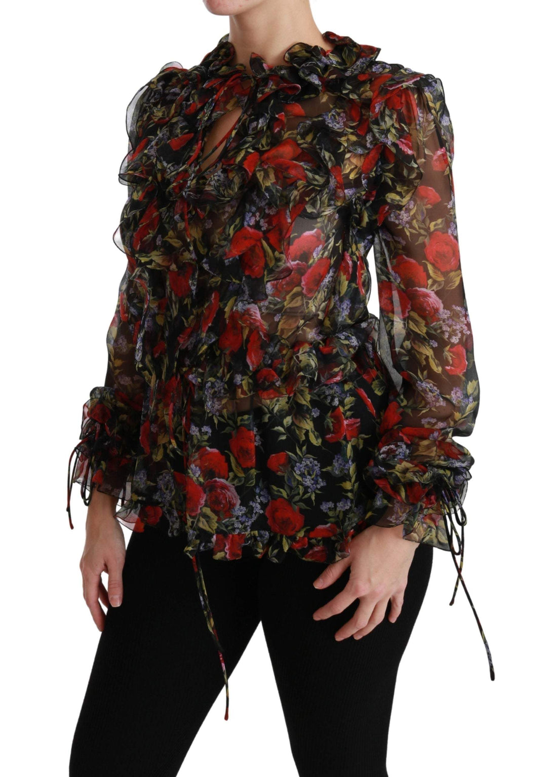 Dolce & Gabbana Black Floral Roses Blouse Silk Top #women, Black, Dolce & Gabbana, feed-agegroup-adult, feed-color-Black, feed-gender-female, IT36 | XS, Tops & T-Shirts - Women - Clothing, Women - New Arrivals at SEYMAYKA