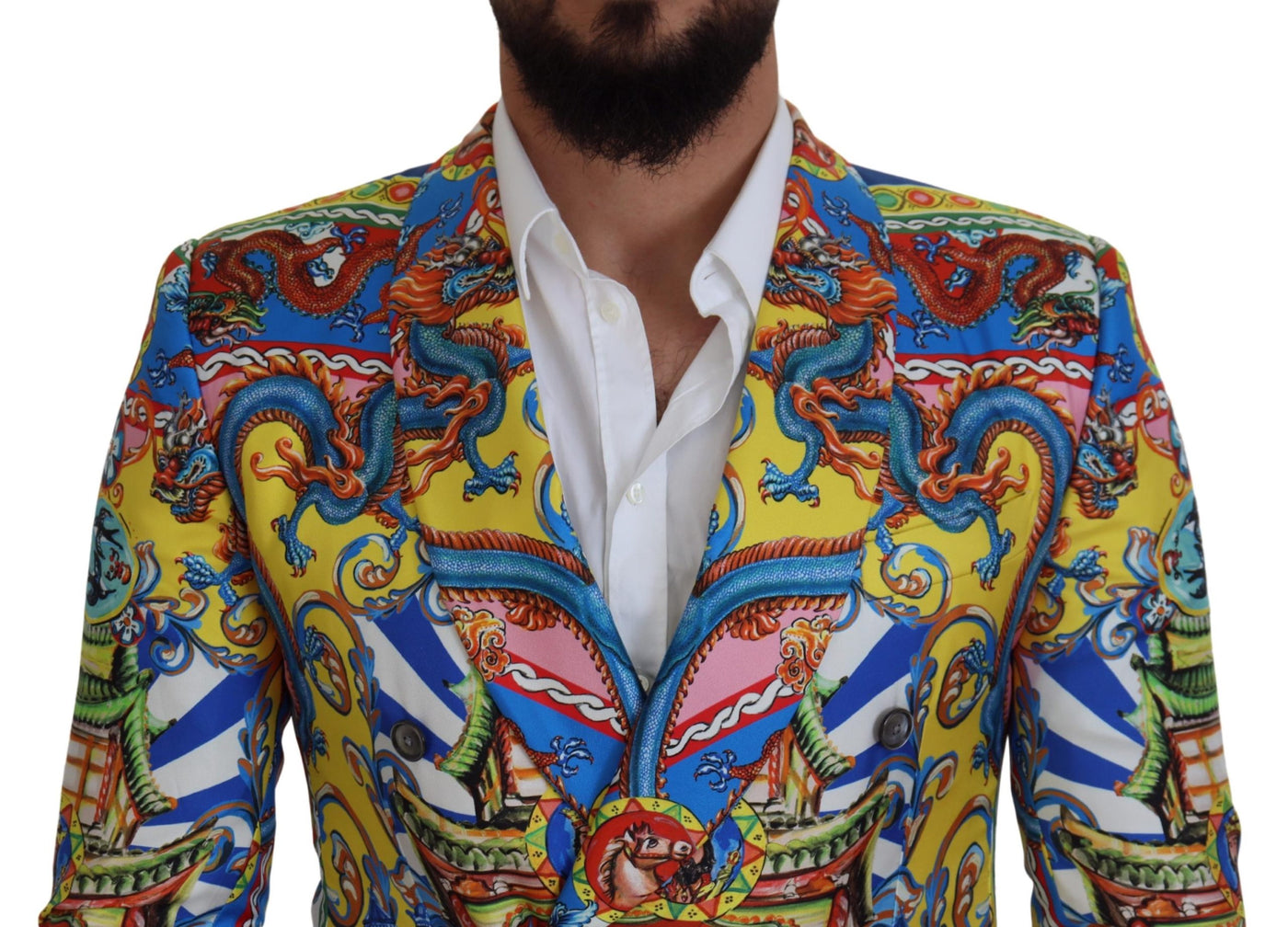 Dolce & Gabbana Multicolor Dragon Print Silk Slim Fit Blazer