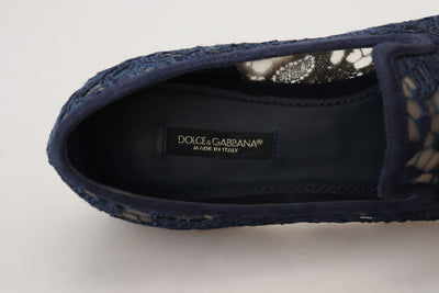 Dolce & Gabbana Blue Floral Lace Slip Ons Loafers Flats Shoes