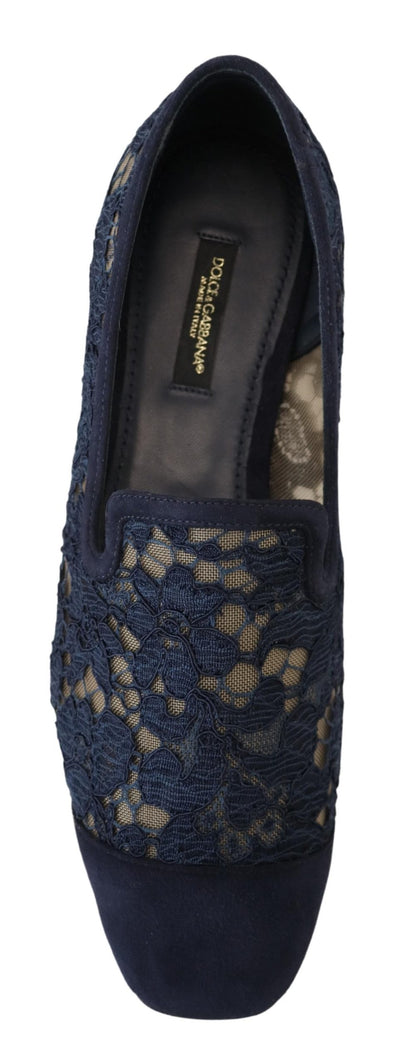 Dolce & Gabbana Blue Floral Lace Slip Ons Loafers Flats Shoes
