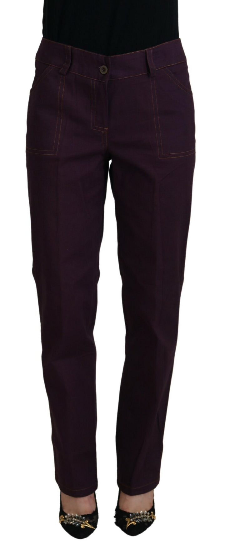 Purple Cotton Mid Waist Women Tapered Pants