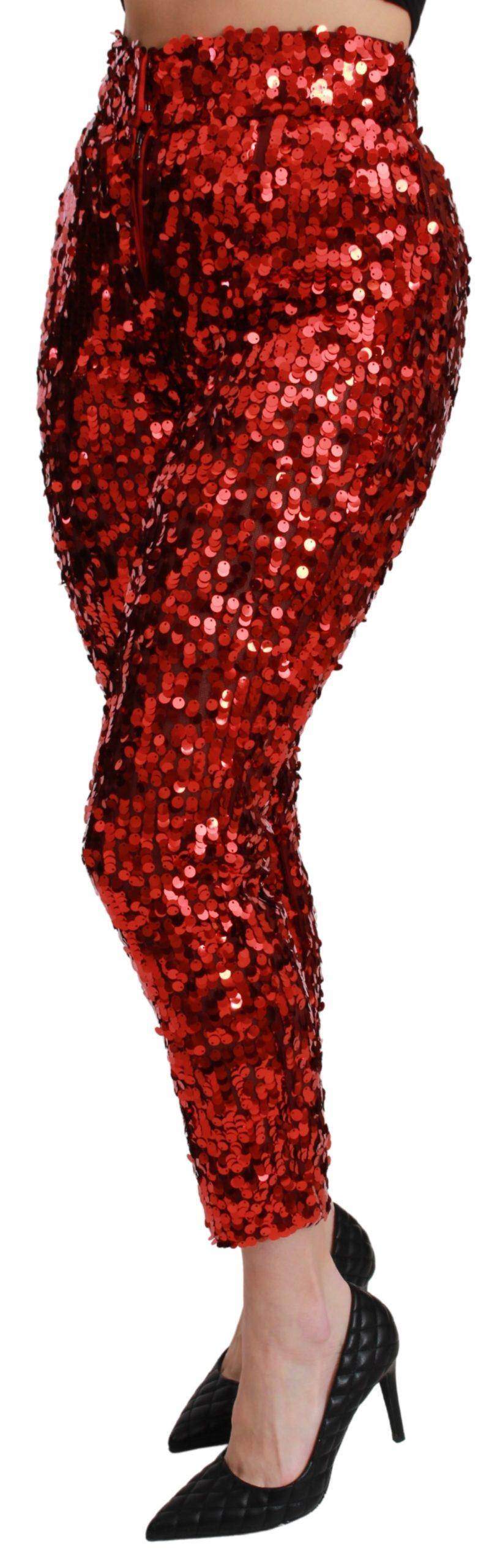 Dolce & Gabbana Red Sequined Cropped Trousers Pants #women, Brand_Dolce & Gabbana, Catch, Dolce & Gabbana, feed-agegroup-adult, feed-color-red, feed-gender-female, feed-size-IT40|S, feed-size-IT42|M, feed-size-IT44|L, Gender_Women, IT40|S, IT42|M, IT44|L, Jeans & Pants - Women - Clothing, Kogan, Red, Women - New Arrivals at SEYMAYKA