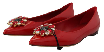 Dolce & Gabbana Red Leather Crystals Loafers Flats Shoes