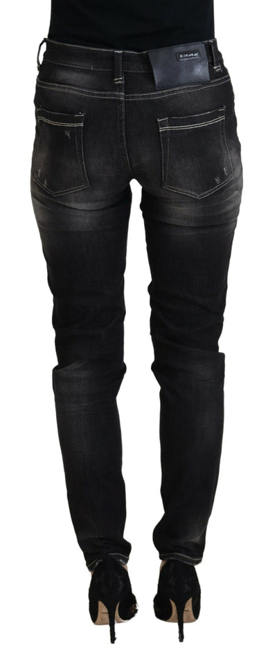 Black Washed Mid Waist Tapered Women Casual Denim Jeans