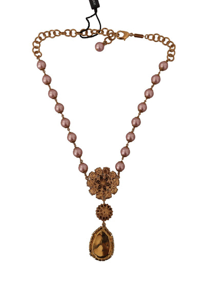 Dolce & Gabbana Gold Tone Brass Pink Beaded Pearls Crystal Pendant Necklace Dolce & Gabbana, feed-1, Gold, Necklaces - Women - Jewelry at SEYMAYKA