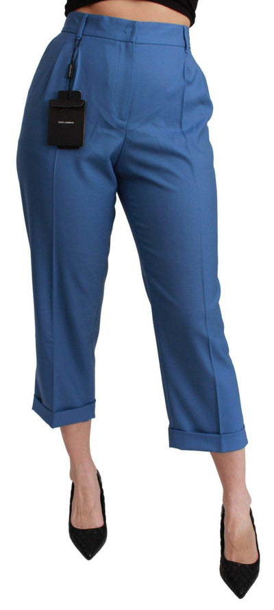 Dolce & Gabbana  Blue Pleated Wool Cuffed Cropped Trouser Pants #women, Blue, Brand_Dolce & Gabbana, Catch, Dolce & Gabbana, feed-agegroup-adult, feed-color-blue, feed-gender-female, feed-size-IT36 | XS, Gender_Women, IT36 | XS, Jeans & Pants - Women - Clothing, Kogan, Women - New Arrivals at SEYMAYKA