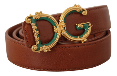 Dolce & Gabbana Brown Leather Baroque Gold DG Logo Waist Buckle Belt