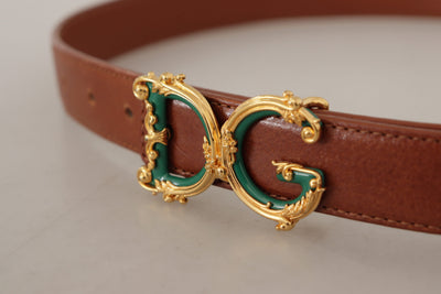 Dolce & Gabbana Brown Leather Baroque Gold DG Logo Waist Buckle Belt