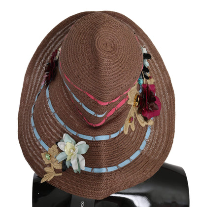 Dolce & Gabbana Brown Floral Wide Brim Straw Floppy Cap Hat #women, Accessories - New Arrivals, Brand_Dolce & Gabbana, Brown, Dolce & Gabbana, feed-agegroup-adult, feed-color-brown, feed-gender-female, feed-size-58 cm|M, Gender_Women, Hats - Women - Accessories at SEYMAYKA