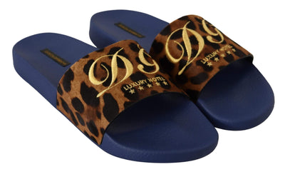 Dolce & Gabbana Blue Brown Leopard Logo Rubber Slides Slippers Shoes Blue, Dolce & Gabbana, EU44/US11, feed-agegroup-adult, feed-color-Blue, feed-gender-female, Sandals - Women - Shoes at SEYMAYKA