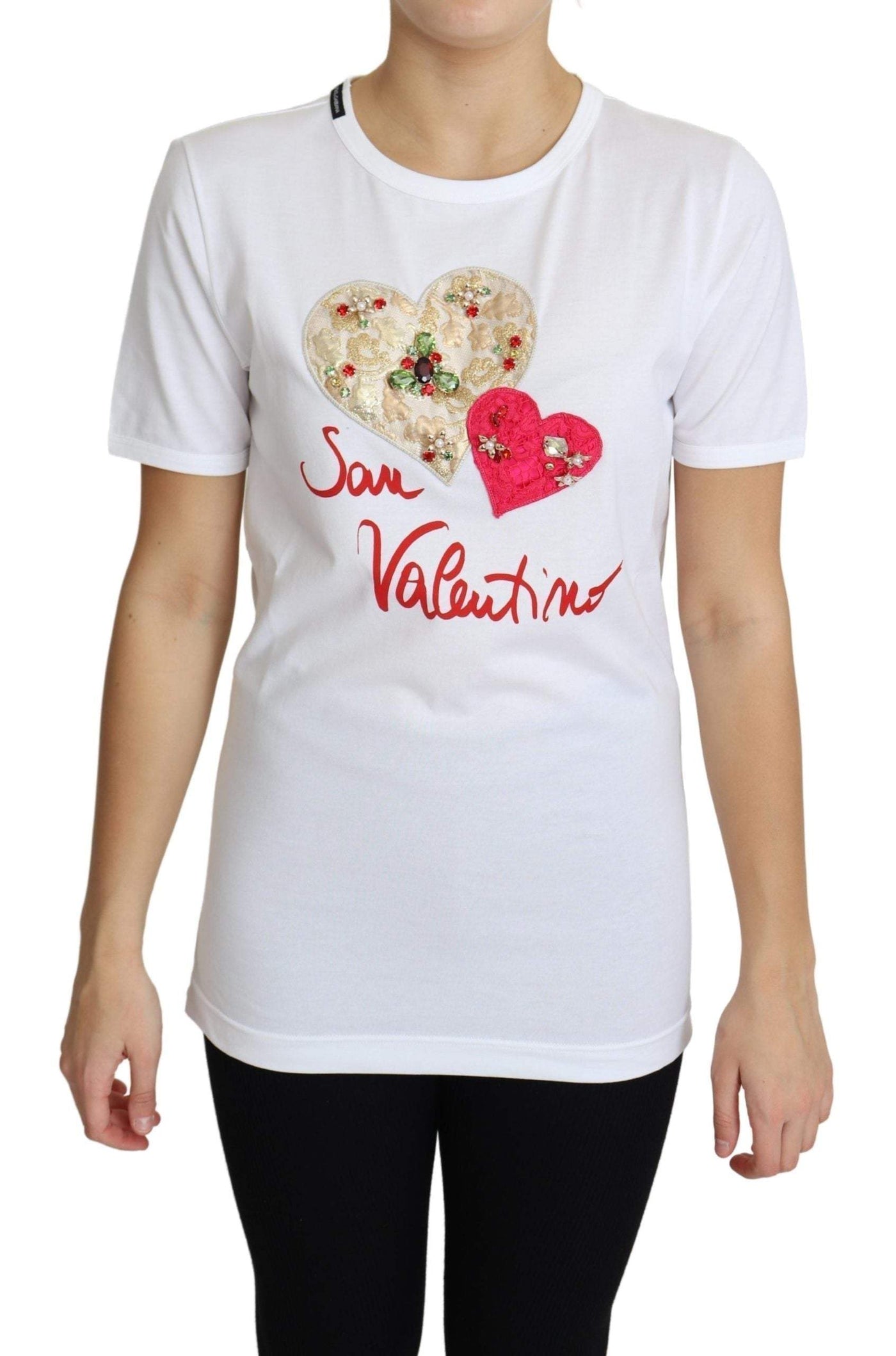 Dolce & Gabbana White San Valentino Heart Crystals T-shirt Top #women, Dolce & Gabbana, feed-agegroup-adult, feed-color-White, feed-gender-female, feed-size-IT36 | XS, IT36 | XS, Tops & T-Shirts - Women - Clothing, White, Women - New Arrivals at SEYMAYKA