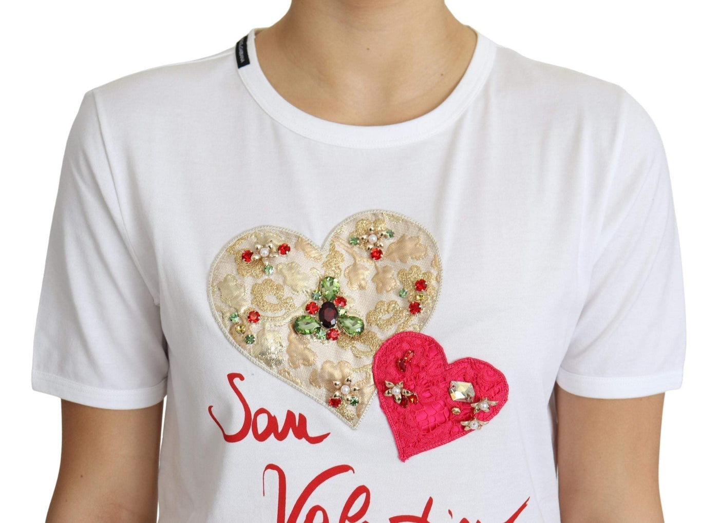 Dolce & Gabbana White San Valentino Heart Crystals T-shirt Top #women, Dolce & Gabbana, feed-agegroup-adult, feed-color-White, feed-gender-female, feed-size-IT36 | XS, IT36 | XS, Tops & T-Shirts - Women - Clothing, White, Women - New Arrivals at SEYMAYKA