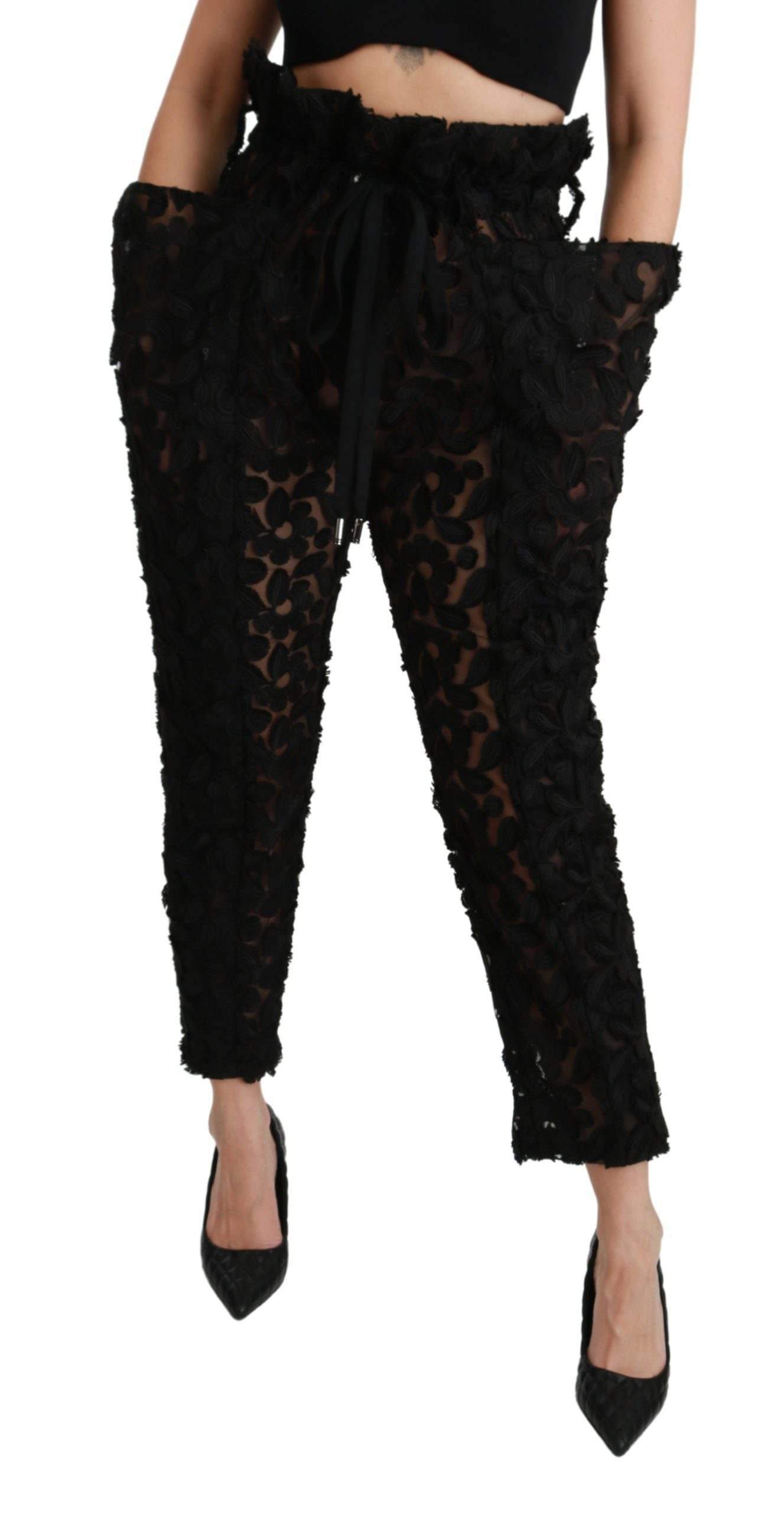 Dolce & Gabbana  Black Floral Lace Tapered High Waist Pants #women, Black, Brand_Dolce & Gabbana, Catch, Dolce & Gabbana, feed-agegroup-adult, feed-color-black, feed-gender-female, feed-size-IT40|S, Gender_Women, IT40|S, Jeans & Pants - Women - Clothing, Kogan, Women - New Arrivals at SEYMAYKA