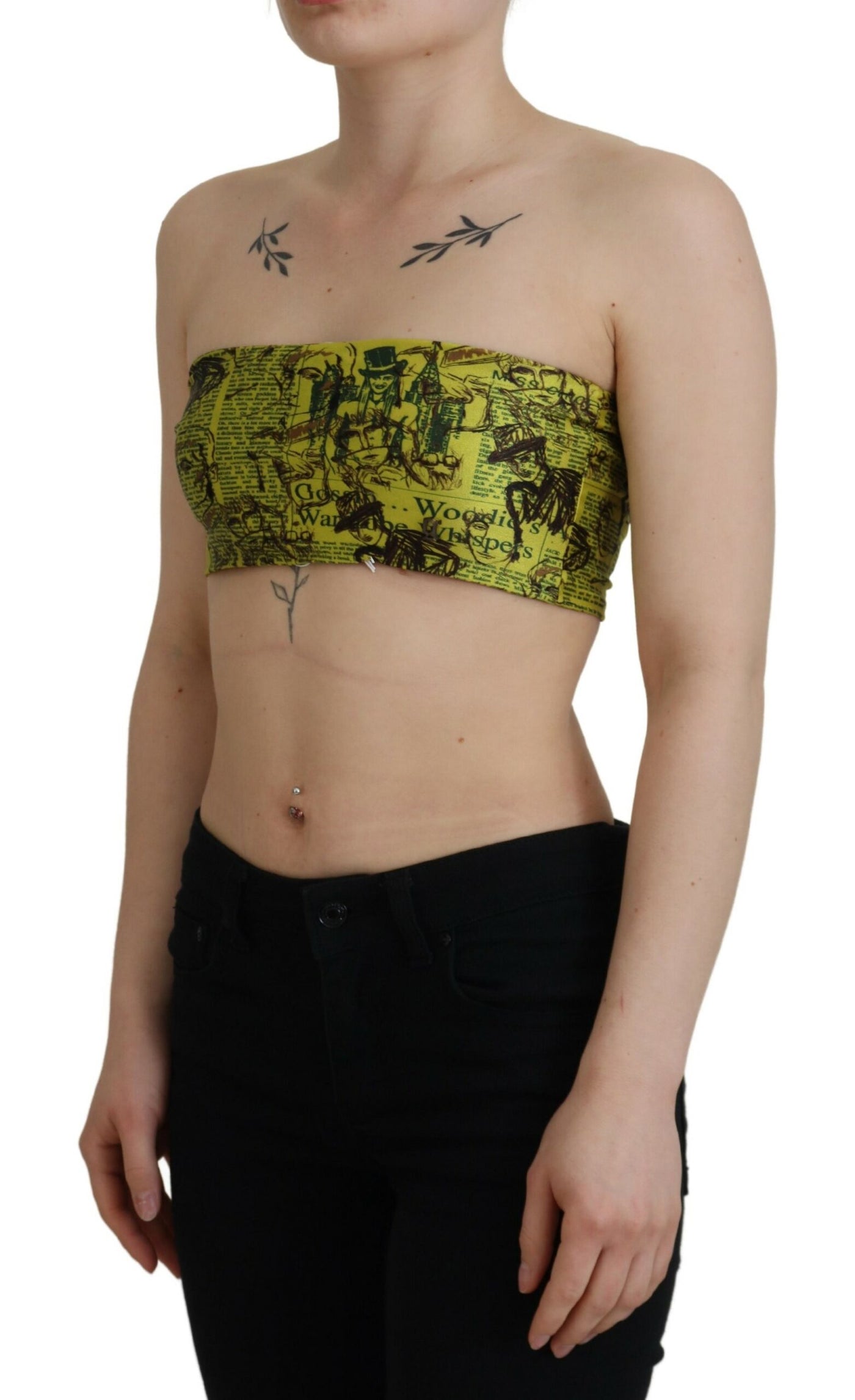 Yellow Graphic Print Nylon Strapless Cropped Top