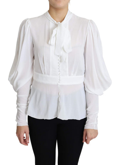 Dolce & Gabbana White Blouse Ascot Collar Lantern Sleeves Top #women, Dolce & Gabbana, feed-agegroup-adult, feed-color-White, feed-gender-female, feed-size-IT44|L, IT44|L, Tops & T-Shirts - Women - Clothing, White, Women - New Arrivals at SEYMAYKA