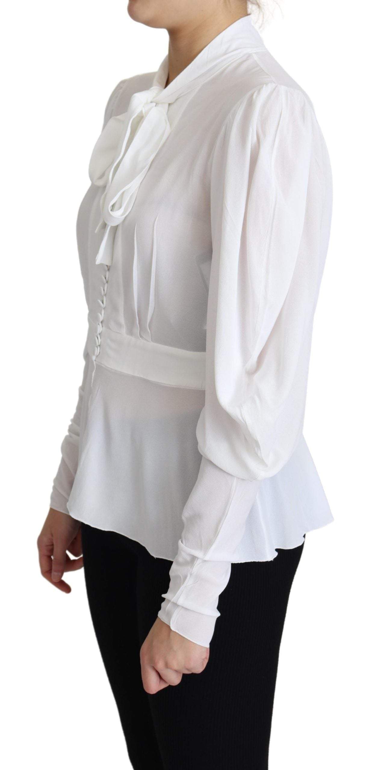 Dolce & Gabbana White Blouse Ascot Collar Lantern Sleeves Top #women, Dolce & Gabbana, feed-agegroup-adult, feed-color-White, feed-gender-female, feed-size-IT44|L, IT44|L, Tops & T-Shirts - Women - Clothing, White, Women - New Arrivals at SEYMAYKA