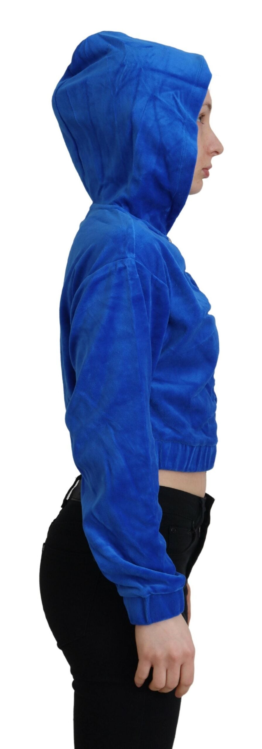 Blue Cotton Full Zip Cropped Hooded Sweatshirt Sweater