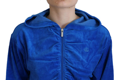Blue Cotton Full Zip Cropped Hooded Sweatshirt Sweater