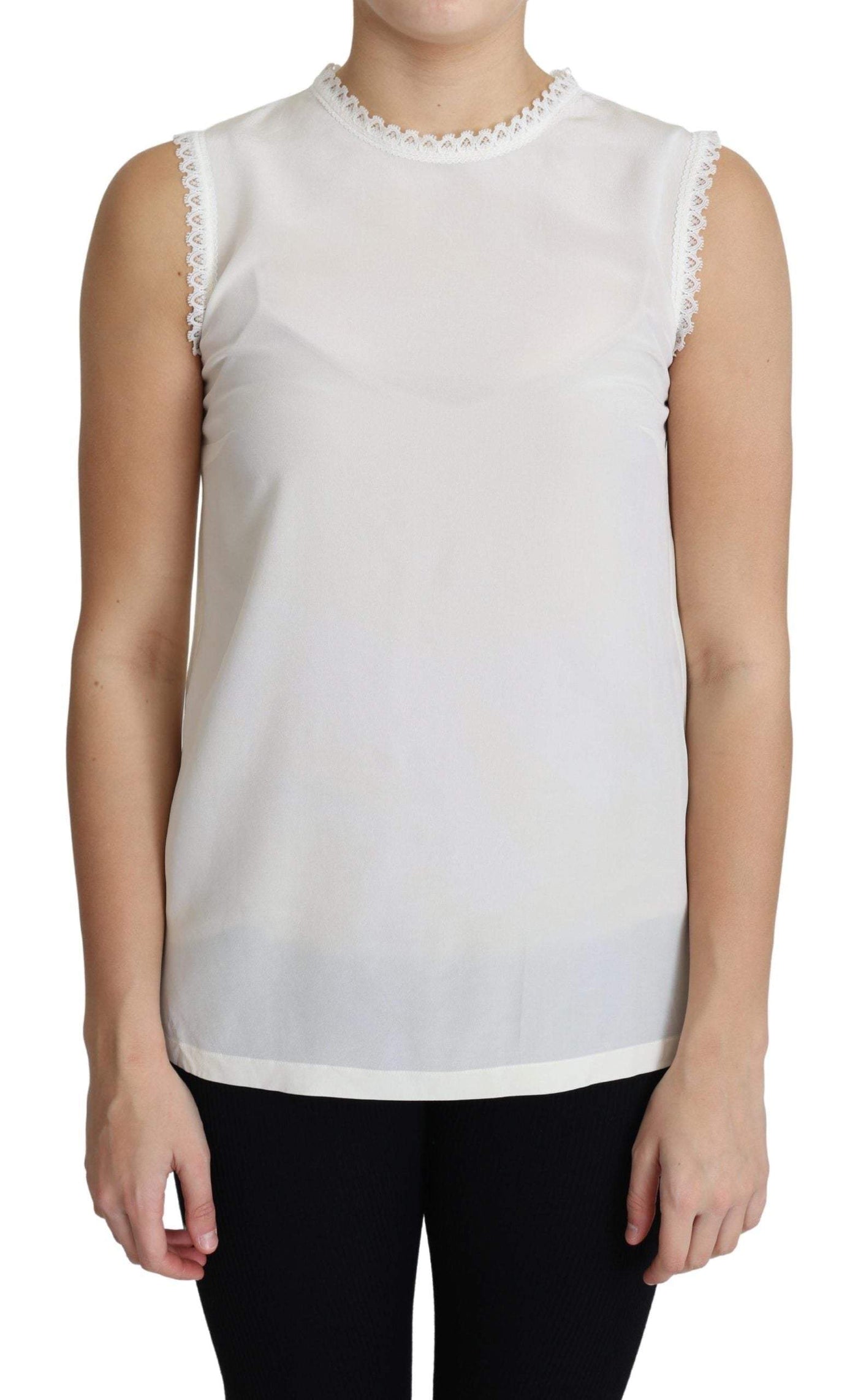 Dolce & Gabbana White Blouse Silk Lace Trimmed Sleeveless Top #women, Dolce & Gabbana, feed-agegroup-adult, feed-color-White, feed-gender-female, feed-size-IT38|XS, IT38|XS, Tops & T-Shirts - Women - Clothing, White, Women - New Arrivals at SEYMAYKA